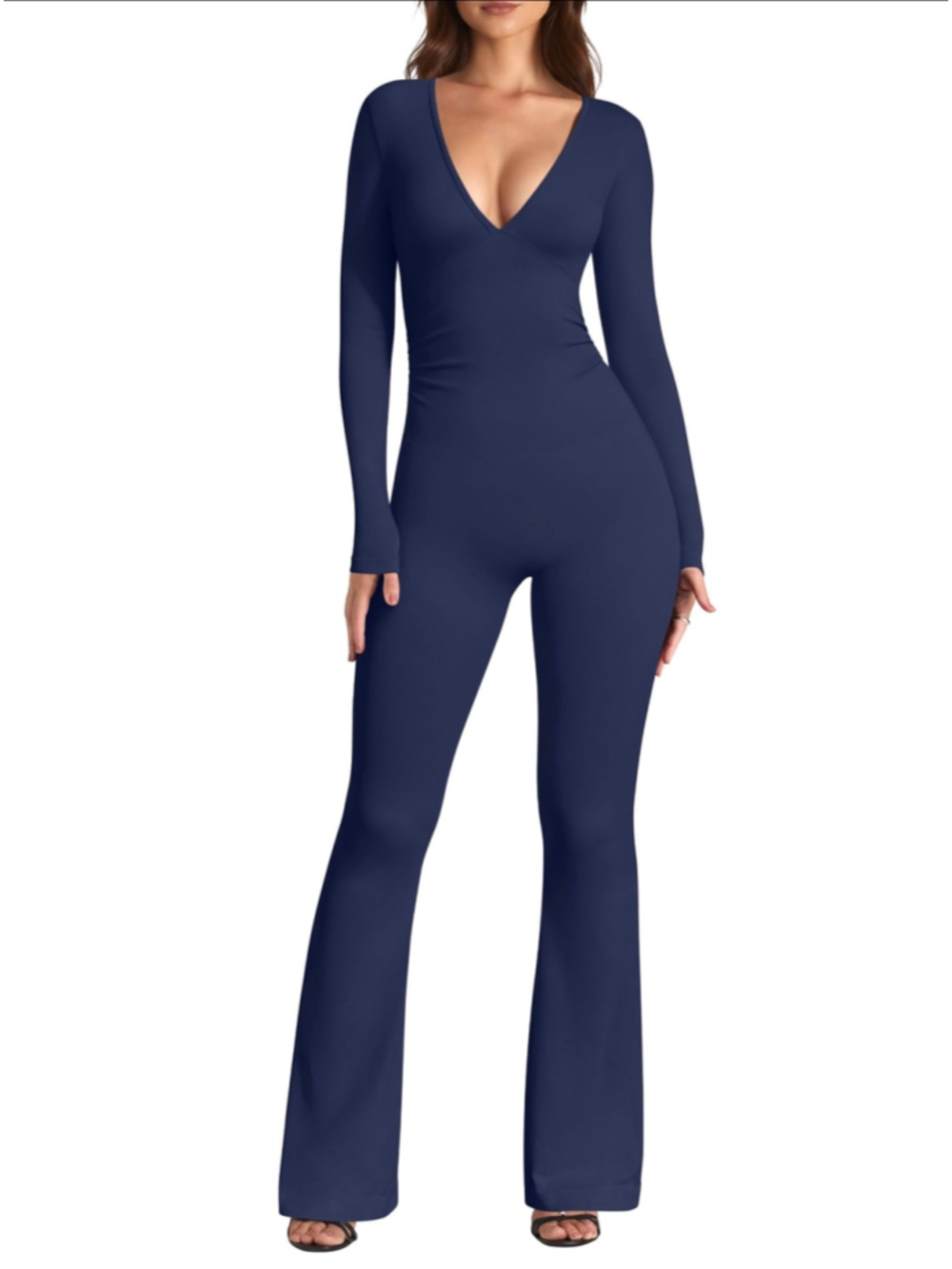 OQQ Women’s Deep V-Neck Ruched Flare Jumpsuit Navy Blue XL NWT